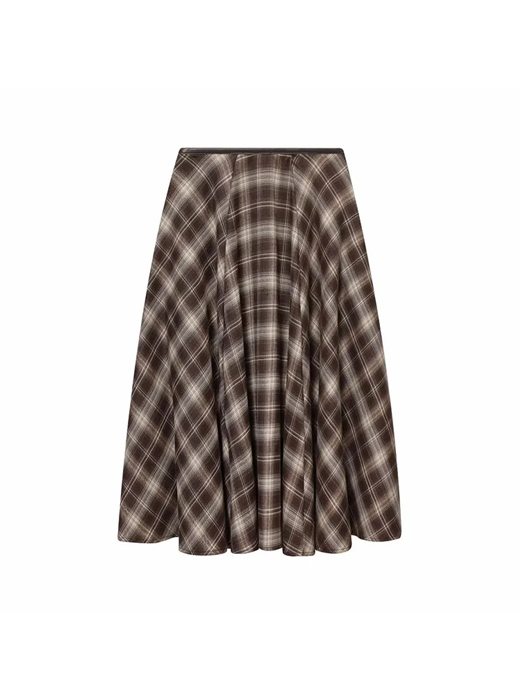 Women’s High-Waist Brown Plaid Umbrella Skirt - Image 3