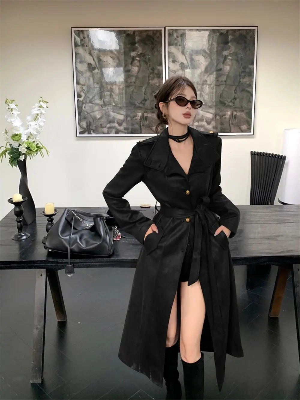 Women's 2025 Oversized Faux Leather Trench Coat with Belt - Image 6