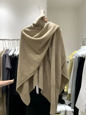 Knitted High Collar Cape Top for Women