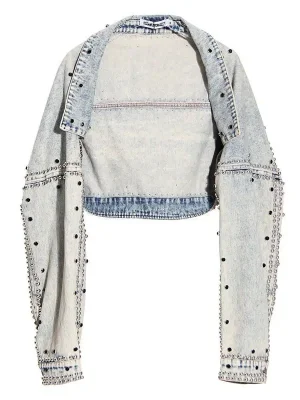 Studded Rhinestone Cropped Denim Jacket for Women