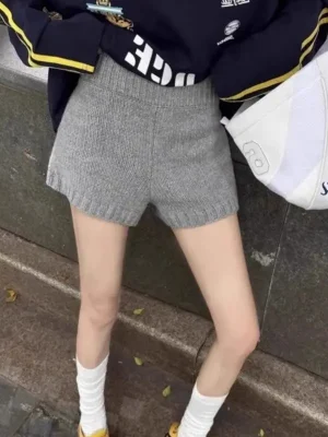 Gray Knit High-Waist Shorts for Women