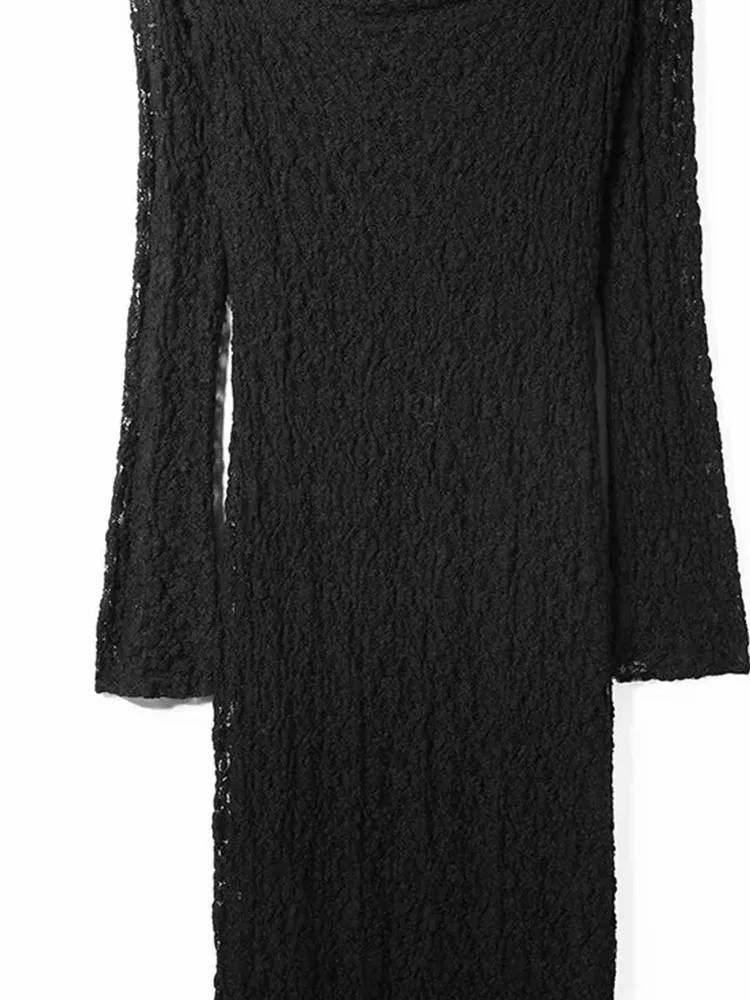 Autumn Winter Knitted Lace Black Midi Dress for Women - Image 6