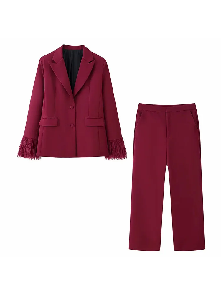 Autumn Winter Women Feathers Blazer Pants Suit - Image 2