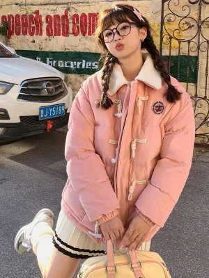 Winter Pink Wool Blend Coat Women's Sweet Padded Jacket