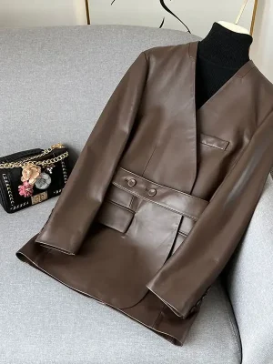 French Elegant PU Leather Blazer Women