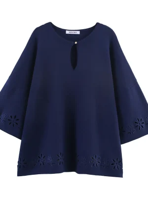 Dark Blue Hollow Embroidered Knit Top