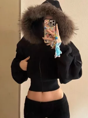 Black Fur Collar Zipper Hoodie