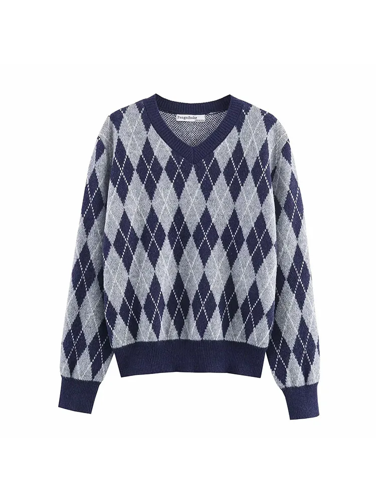Autumn Winter Argyle Sweater Women Retro Style