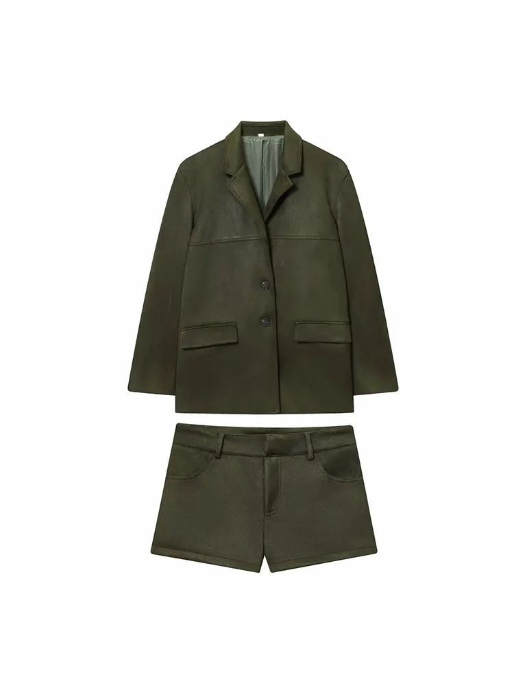 2025 Autumn Office Suede Blazer & Shorts Set