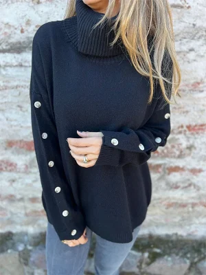 Solid Color Turtleneck Buttoned Oversized Sweater