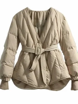 2025 V-Neck Short Puffer Jacket with Belted Waist