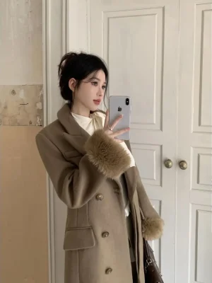 French Elegant Wool Blend Long Coat for Women Fall Winter
