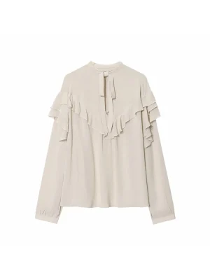 Autumn Winter Beige Chiffon Ruffle Shirt Women
