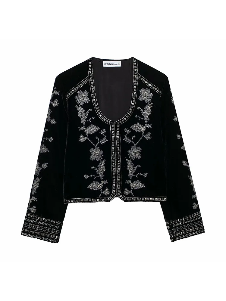 2025 Autumn Vintage O-Neck Embroidered Velvet Coat - Image 2