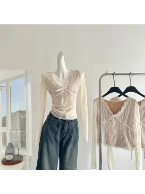 Korean Lace Bow V Neck Long Sleeve T Shirt Women's Sweet Top