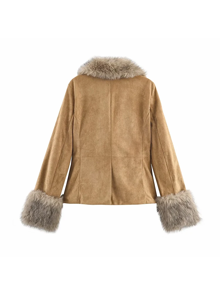 Women’s Suede Faux Fur Lapel Jacket - Image 3