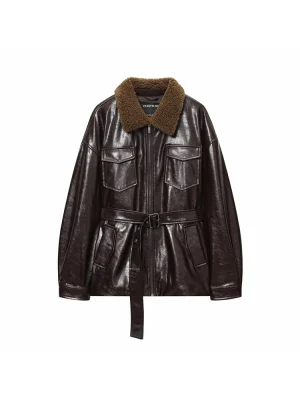 Women’s Faux Leather Zipper Jacket with Fur Collar