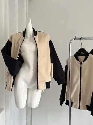 Patchwork Wool Blend Jacket Women Winter