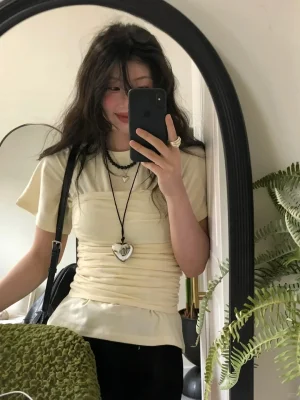 Summer Fake Two Piece Apricot T-Shirt Women's Slim Fit