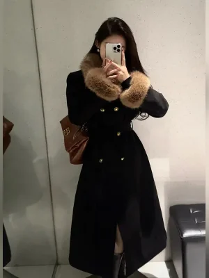 French Elegant Wool Blend Faux Fur Long Coat