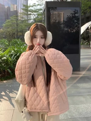 Women's Korean Style Lozenge Pattern Padded Winter Jacket