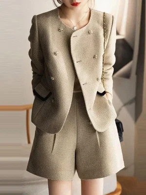 High-End Round Neck Coat & Shorts Set