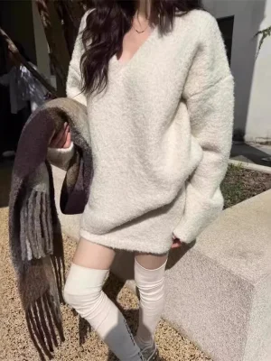 Women's Oversized V Neck Knit Set Sweater and Skirt Two Piece