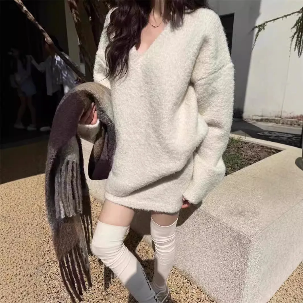 Women's Oversized V Neck Knit Set Sweater and Skirt Two Piece