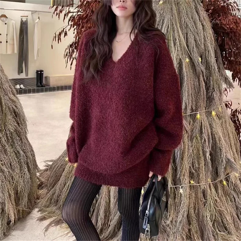 Women's Oversized V Neck Knit Set Sweater and Skirt Two Piece - Image 3