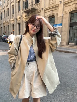 Elegant Single-Breasted Striped Lining Trench Jacket