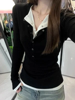 Fake Two-Piece Slim Long Sleeve Tee, American Retro Style