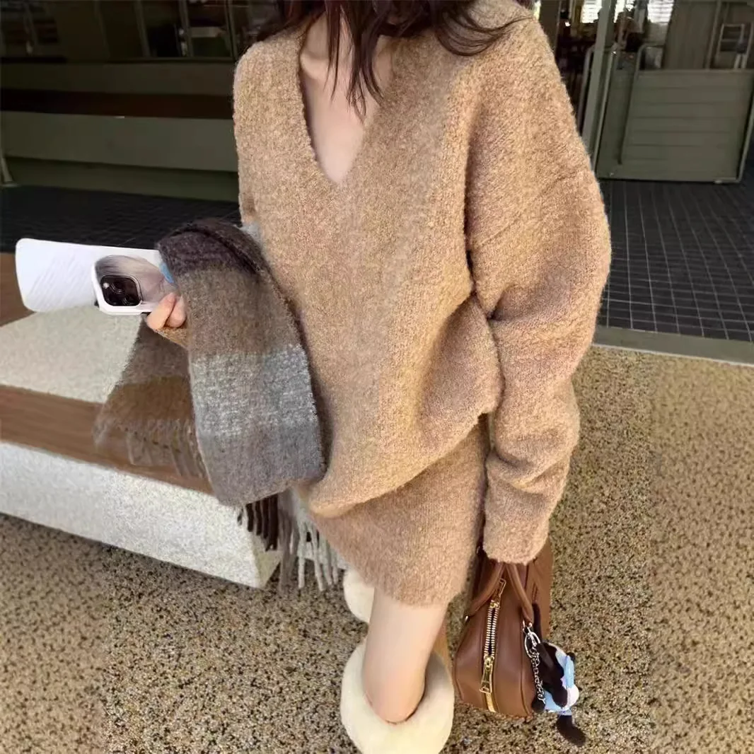 Women's Oversized V Neck Knit Set Sweater and Skirt Two Piece - Image 4