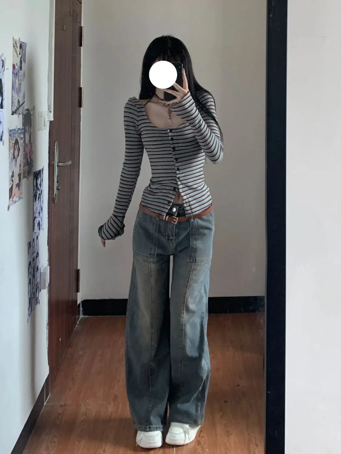 Sexy Square Neck Striped T-Shirt Women's Slim Fit Long Sleeve - Image 3