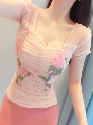 Soft Pink Sheer Floral Mesh Blouse