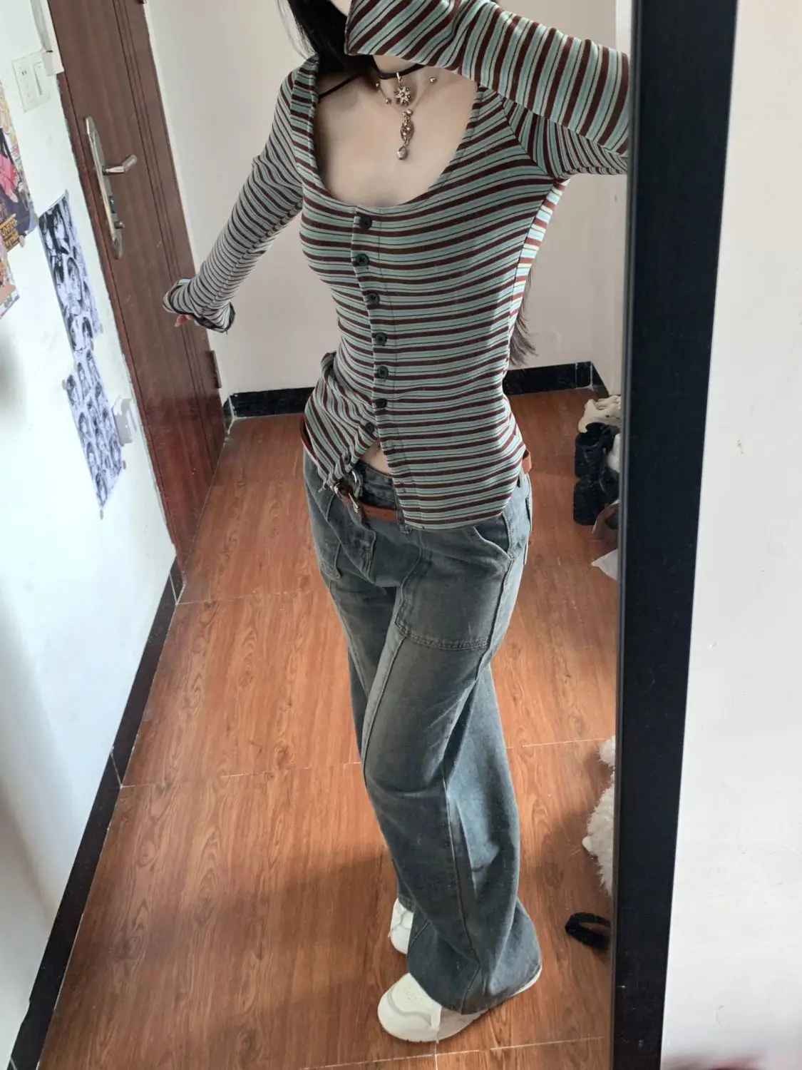 Sexy Square Neck Striped T-Shirt Women's Slim Fit Long Sleeve - Image 4