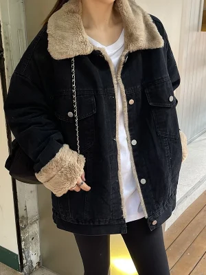 Women's Winter Denim Jacket Lamb Wool Lined Thickened Loose Casual Style