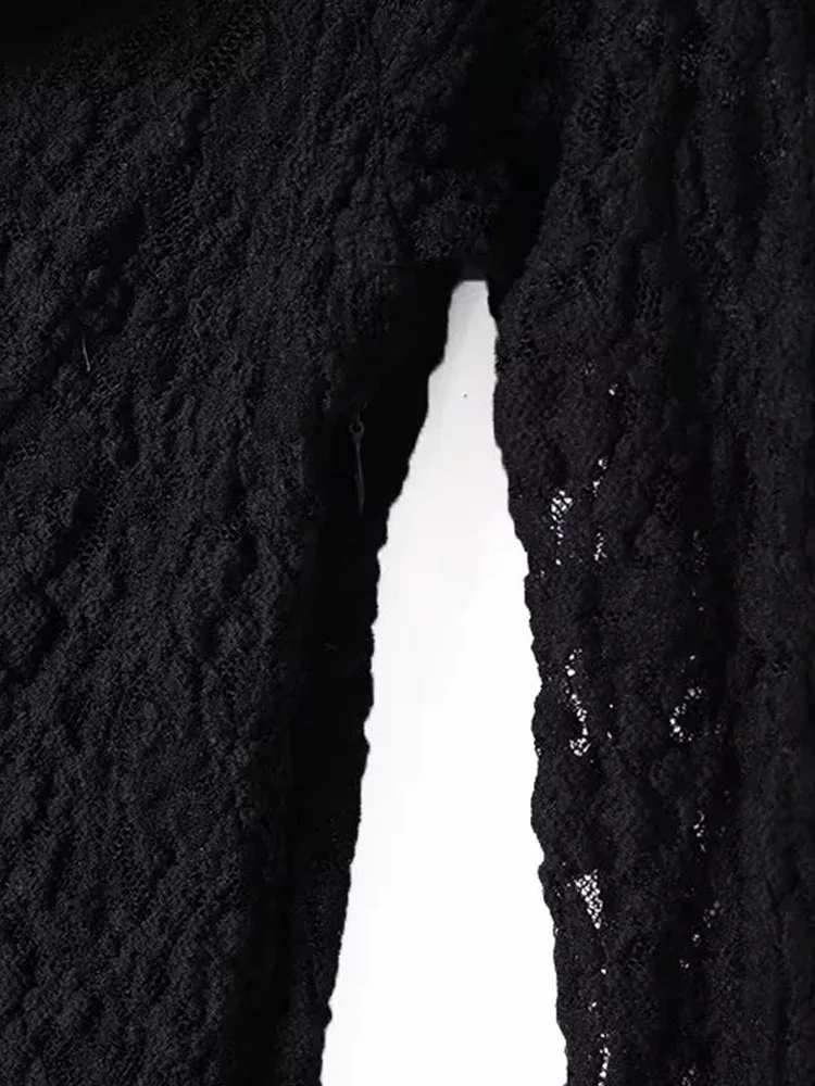 Autumn Winter Knitted Lace Black Midi Dress for Women - Image 5