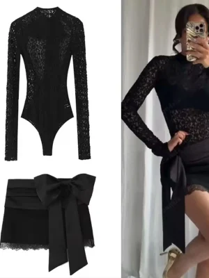 2025 Autumn Lace O-Neck Bodysuit & Mini Skirt Set