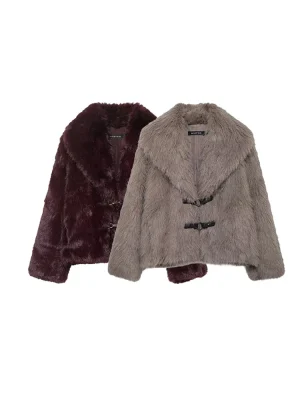 Autumn Winter Brown Red Faux Fur Jacket Women