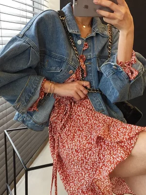 Retro Pleated Sleeve Denim Jacket
