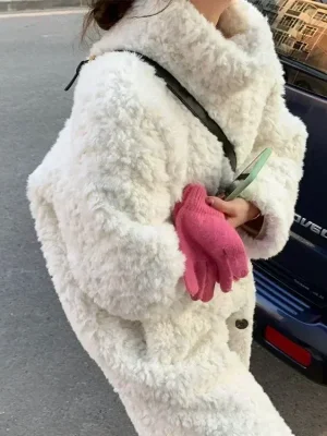Women's Mid Length Plush Fur Coat Soft Wool Blend Winter Style