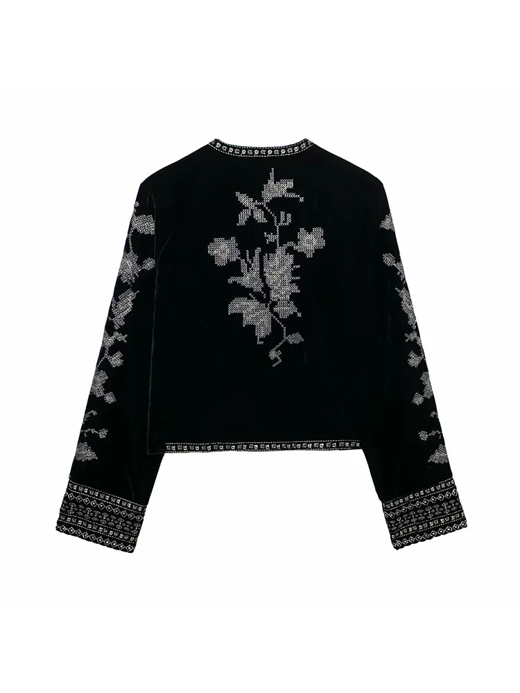 2025 Autumn Vintage O-Neck Embroidered Velvet Coat - Image 3