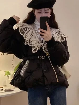 Women’s Cotton Bread Coat with Lace Trim