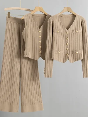 Korean Style Spring Knit Set Cardigan Vest and Pants Outfit