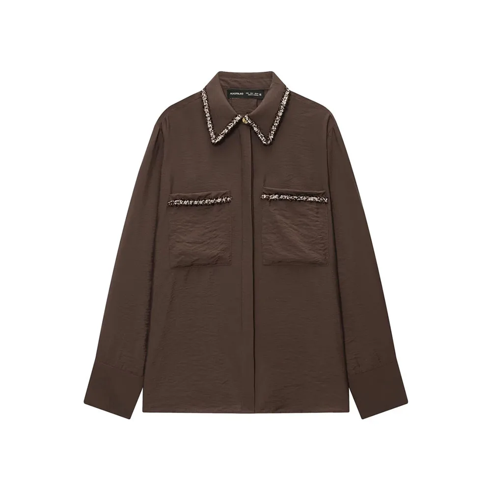 Autumn Collared Long Sleeve Shirt with Decorative Edges