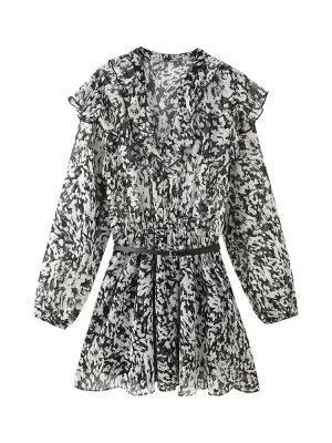Women's Autumn Printed Mini Dress with Belt