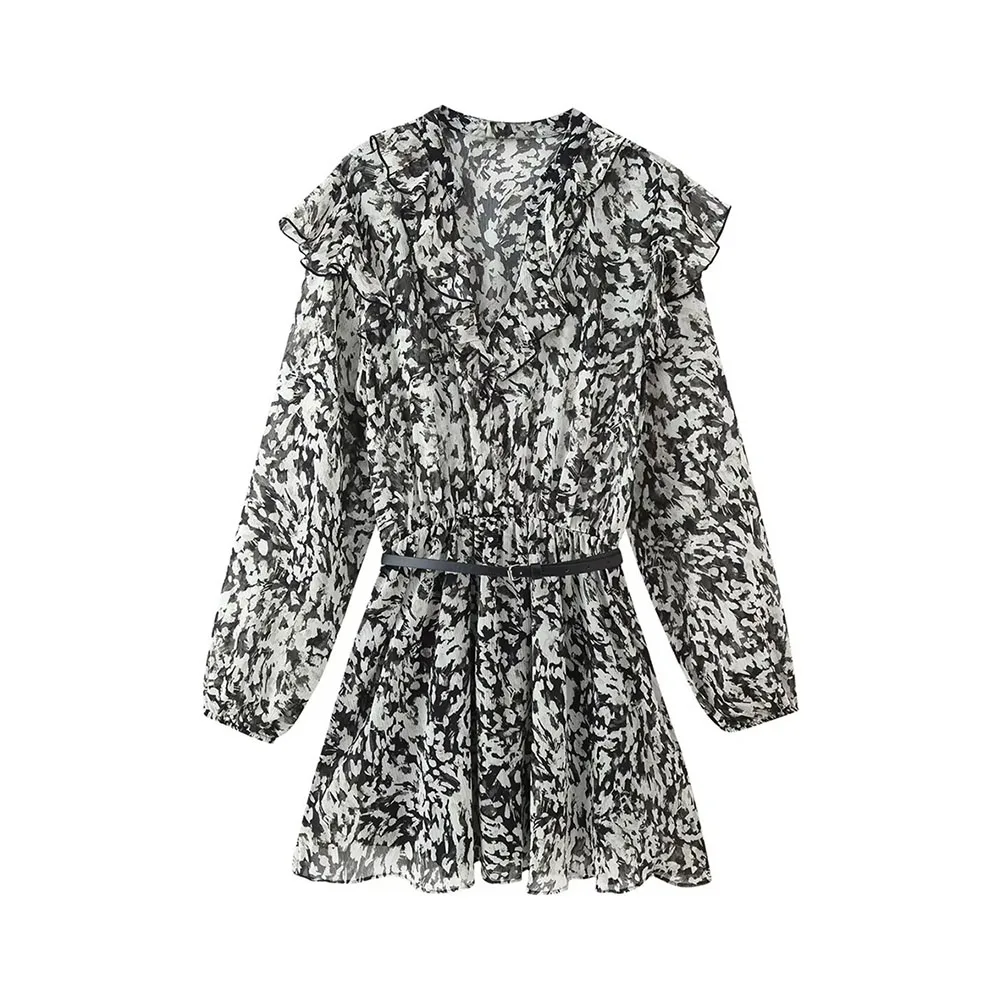 Women's Autumn Printed Mini Dress with Belt