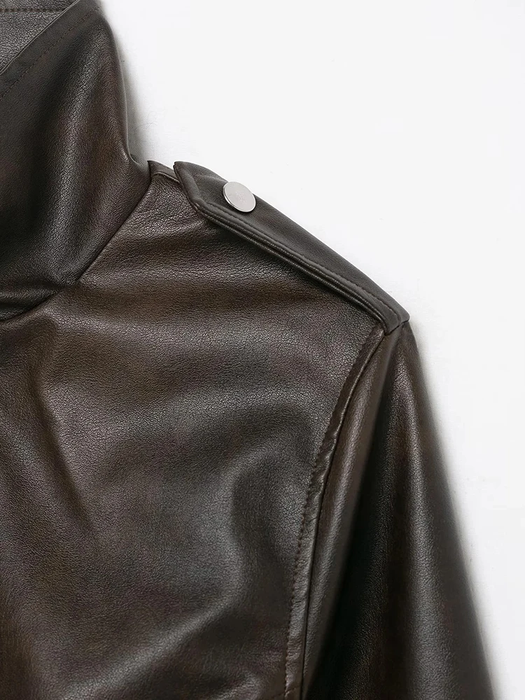 Women’s Vintage Faux Leather Zipper Jacket - Image 5