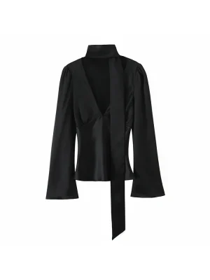 Women’s Elegant Silk-Feel V-Neck Scarf Collar Shirt