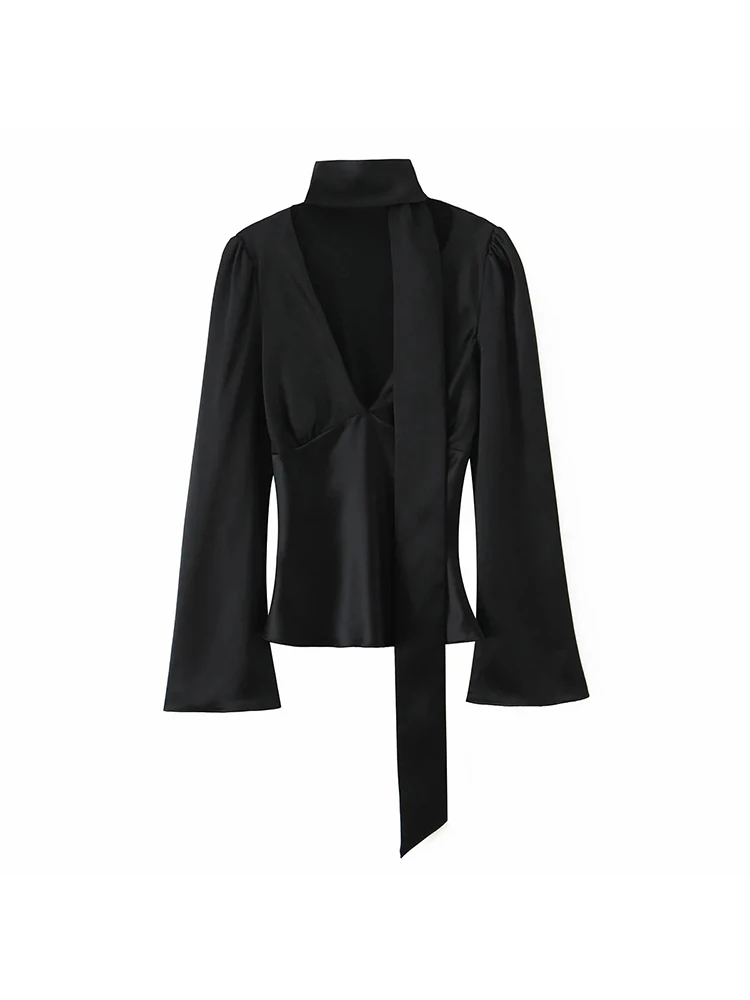 Women’s Elegant Silk-Feel V-Neck Scarf Collar Shirt